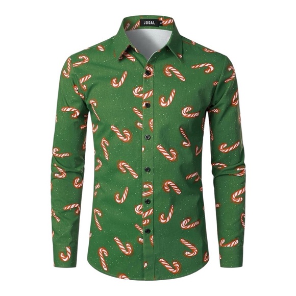 Festive Green Candy Cane Casual Button Down Shirt - Picture 1 of 6